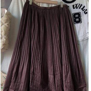 Brown Accordion Pleated Midi Skirt with Scallop Hem